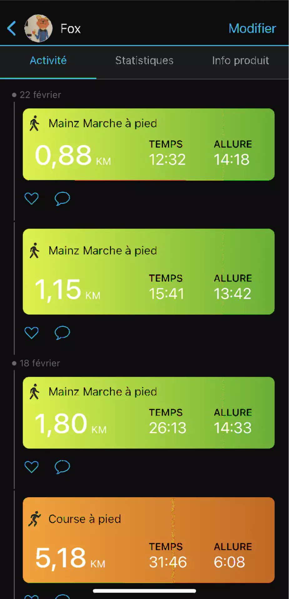 garmin appli statistiques activite